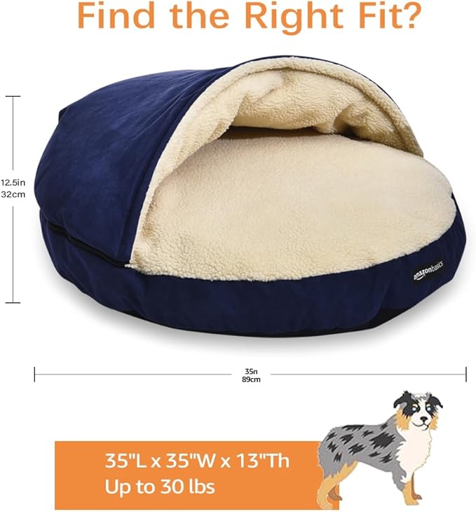 Amazon Basics Pet Cave Bed for Dog, With Removal Nesting Cave Cover, Fits up to 30lbs Pets, 35 x 35 x 13 inches, Blue