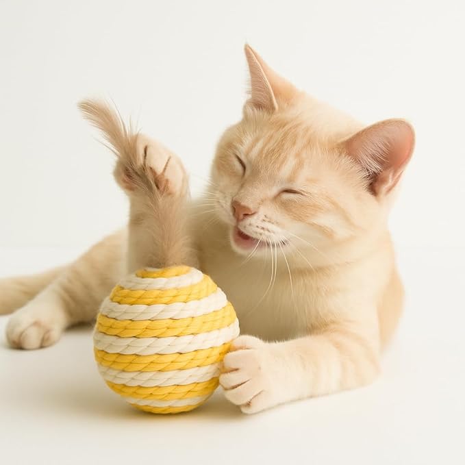 Ball for cat with Feathers - Balls for Cats β Natural Toy for Indoor Cats β Eco-Friendly, Durable, Interactive Play Balls for Kittens β Pet-Safe Chew & Scratch Toys (Yellow)