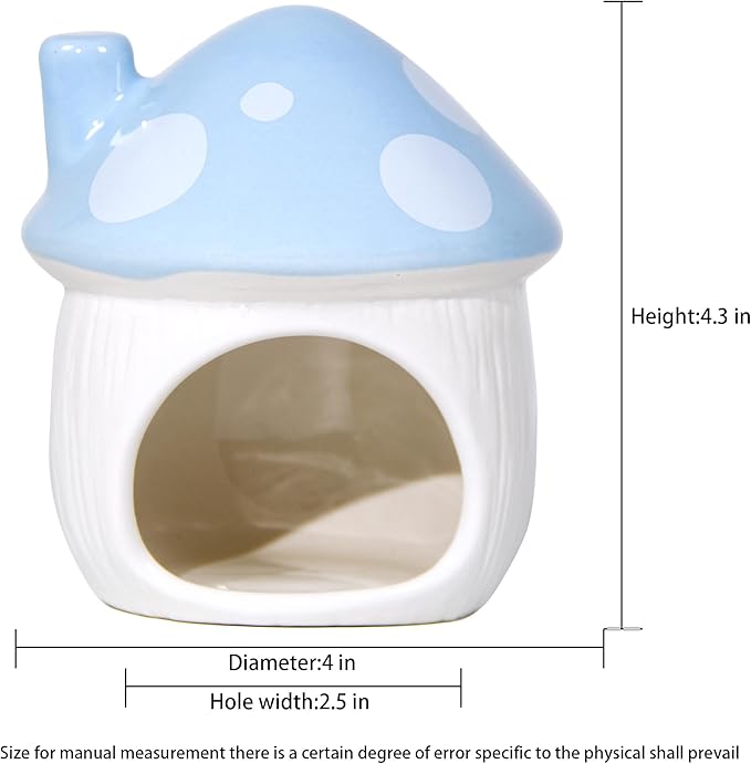 Ceramic Mushroom Hamster Hideout - Hamster Habitat for Hamsters Chinchillas Hedgehogs and Gerbils Mouse Small Pet Guinea Pigs House Hamster Bed (Blue)