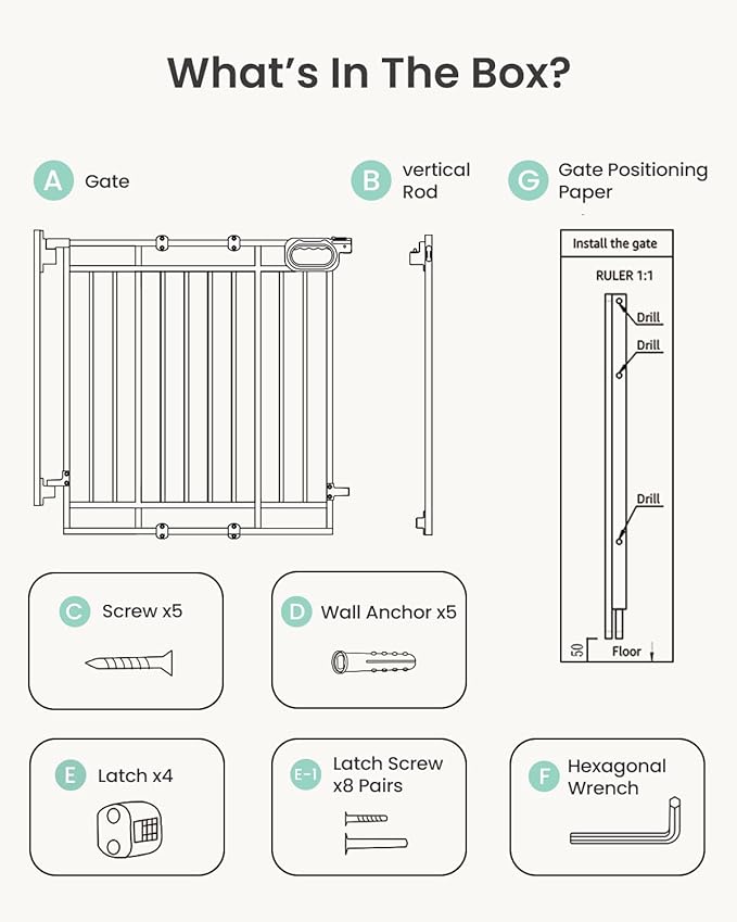 Grownsy Baby Gate for Stairs- No Bottom Bar, Adjustable Width 29.8” to 43.5” for Child and Pet, Dog Gate with Auto-Close & One-Hand Operation, Screw-in Installation for Doorways and Indoor Use