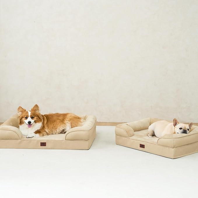 EHEYCIGA Orthopedic Dog Beds for Large Dogs, Waterproof Memory Foam Large Dog Bed with Sides, Non-Slip Bottom and Egg-Crate Foam Pet Couch Bed with Washable Removable Cover, Greige