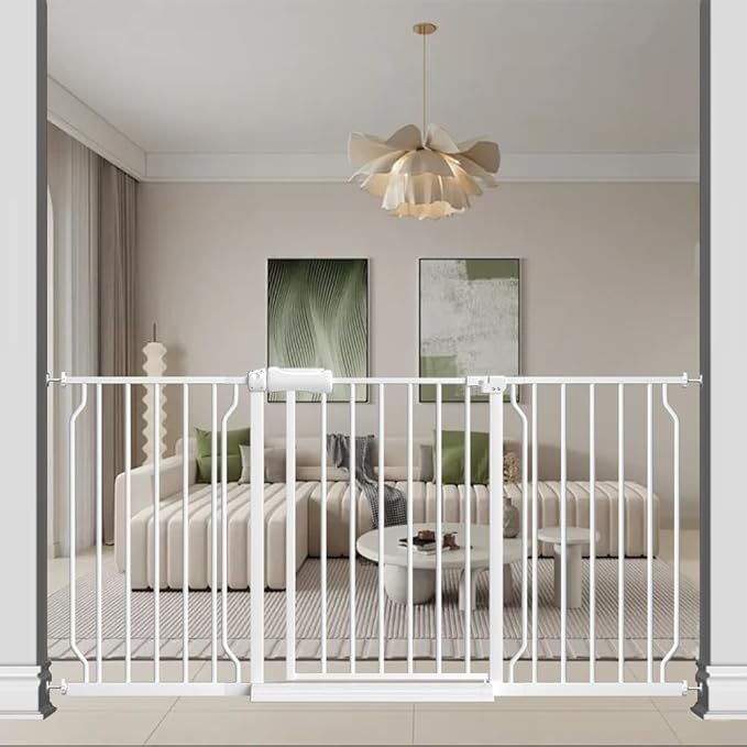 57.5"-62" Extra Wide Auto Closing Baby Safety Gate for Stairs & Doorways, Pressure Mounted No Drill Pet Gate with Walk-Through Door - Heavy Duty Childproof Gate for Toddlers, Kids, Dogs (White)