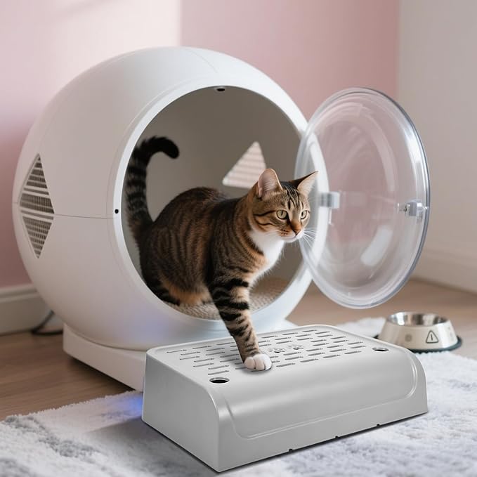 Cat Ramp for Litter Box Step, Stainless Steel Automatic Litter Box Ramp Cat Steps Mat with Filter Function, Double Layered Self Cleaning Cat Stairs with Storage Space for Litter Catcher (Grey)