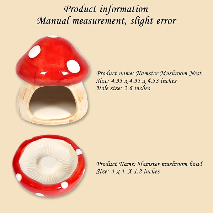 Ceramic Mushroom Guinea Pig House Hamster Hide Bed Includes Hamsters Food Bowl Guinea Pig Hideout for Hamster Chinchilla Hedgehog Rat Small Animals(Red Mushroom Set)