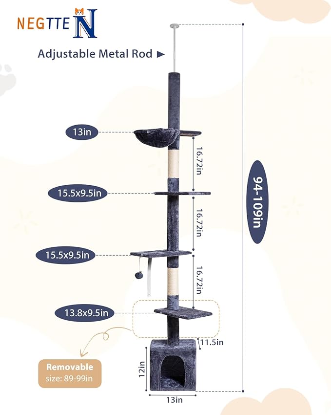 Floor to Ceiling Cat Tree, 5-Tier Height (95-109 inches) - Adjustable Cat Climbing Tower with Sisal Scratching Posts, Cat Condo, Hammock, Platforms, and Hanging Balls
