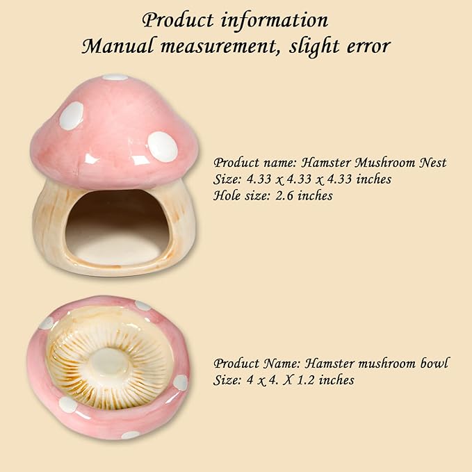 Ceramic Mushroom Guinea Pig House Hamster Hide Bed Includes Hamsters Food Bowl Guinea Pig Hideout for Hamster Chinchilla Hedgehog Rat Small Animals(Pink Mushroom Set)