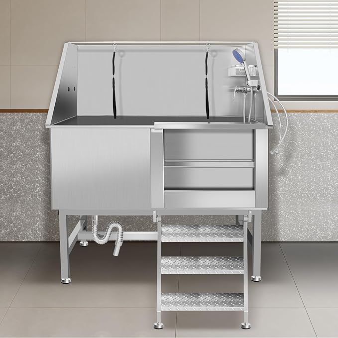 50" Dog Bathing Station, Professional Dog Washing Station Stainless Steel Dog Grooming Tub for Home,Equipped with Three Anti-Slip Steps, Removable Door, Pet Wash Station for Pet (50" Right ramp)