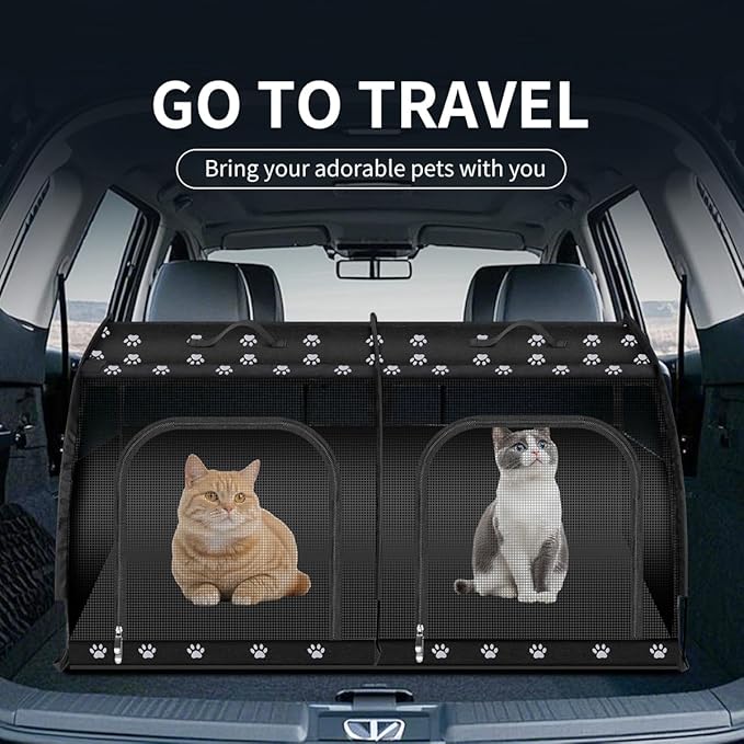 Double Cat Car Travel Carrier, Twin Compartment Show House Cat Cage/Condo,Portable Pet Crate for 2 Cats Travel Double Dog Crate Set for Long Distance Travel
