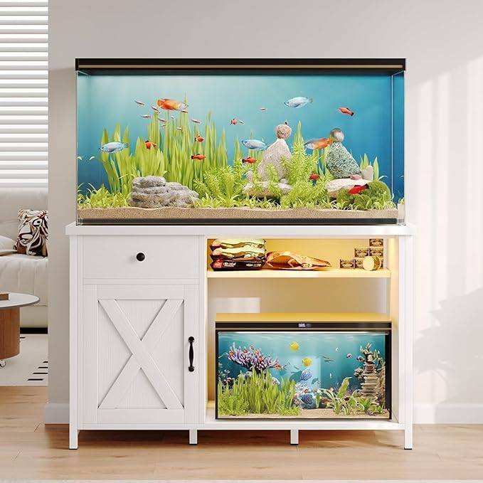 55 Gallon Fish Tank Stand with LED Light & Power Outlets, 55-75 Gallon Aquarium Stand with Drawer & Barn Door, 50" L x 20" W Cabinet for 2 Fish Tank Accessories Storage, Turtle Tank, Antique White