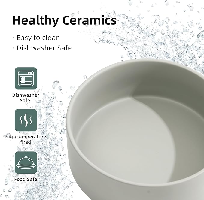 Ceramic Raised Double Bowls Set with Stand, Food & Water Bowls for Medium Breed Dogs, Weighted Dog Dishes, Pet Bowl(7.3'',41OZ, Grey)