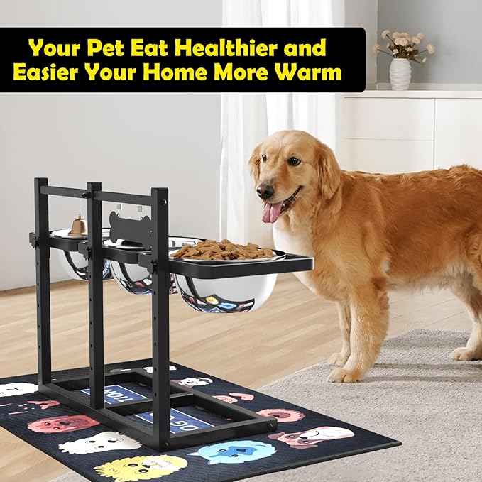 Elevated Dog Bowl Stand for Medium/Large Dogs with Slow Feeder & Mat, Adjustable Height 3.9'',5.5'',7.1'',8.7'',10.2'',11.8'', 58oz Raised Triple Dog Food Water Bowls