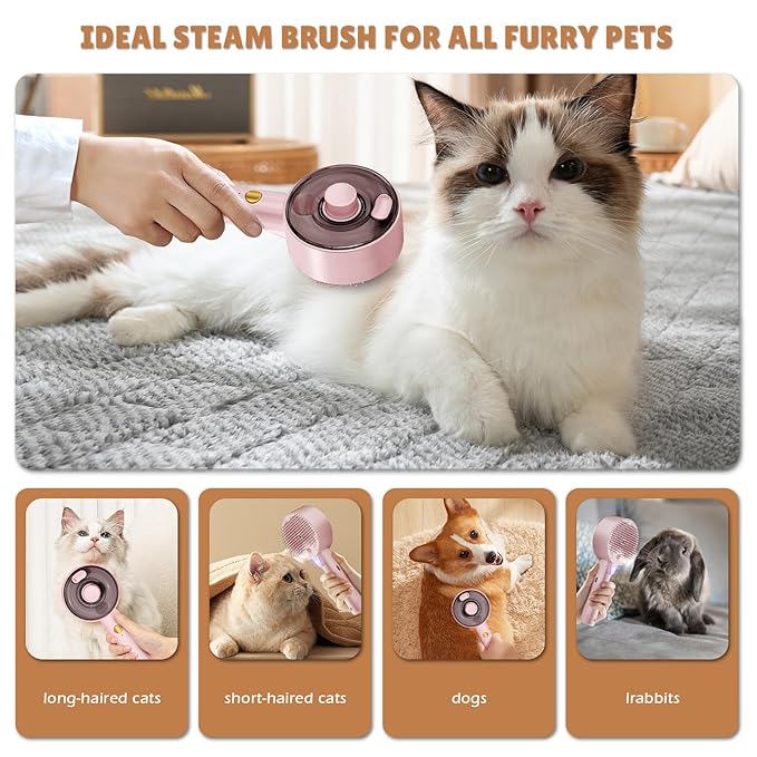 Cat Steam Brush,Cat Brushes for Indoor Cats, 4 In 1Spritz Spray Defur Comb, Cloud Care Shedding Control, Pet Grooming Brush for Long Short Hair Cats Dogs, Massage Clean Design Pet Steam Brushes