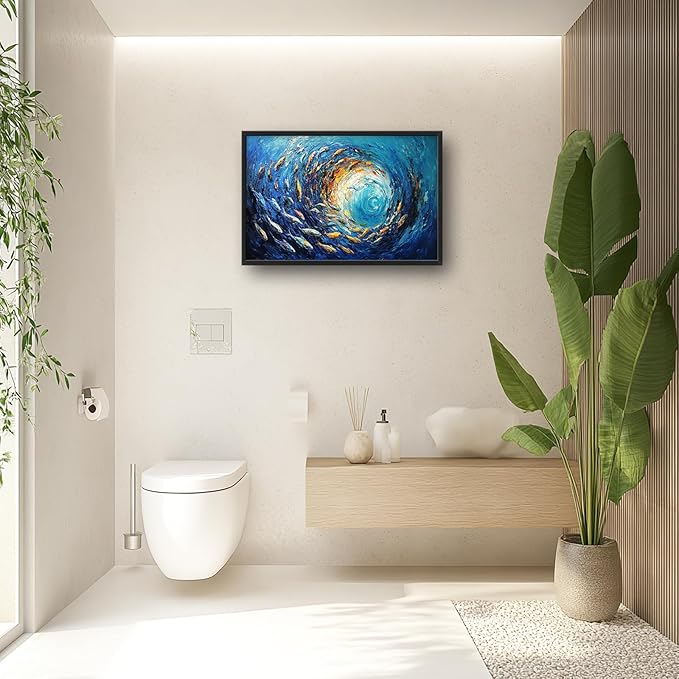 Extra Large Framed Abstract Ocean Fish Wall Art,Oversized Blue Sea Nautical Fish Wall Decor Pictures for Living Room,Canvas Print Painting Modern Artwork Bedroom Office Bathroom Home Decor 36L x24W