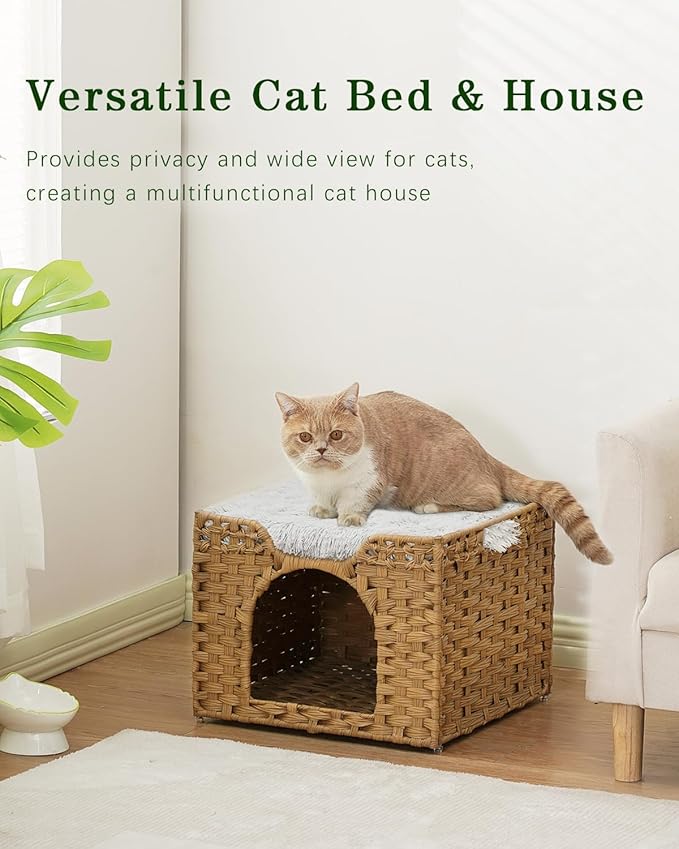 Cat Beds Indoor Kitten House, Handwoven Rattan Cat Cave Pet Cube, Large Cat Houses, One Bed Mat, Foldable, Hideaway, 16.5x16.5x13.2 Inches, 2 S-Shaped Hooks in Living Room Bedroom Natural