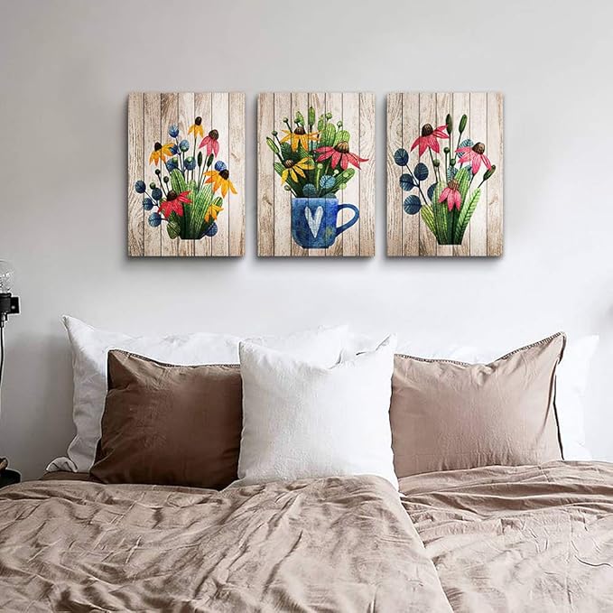 Canvas Wall Art For Kitchen Wall Decoration For Living Room Wall Decor For Bedroom Room Decor Vintage Wood Grain Plant Flowers Wall Painting Office Wall Pictures Artwork Home Decor 16" X 24" 3 Piece