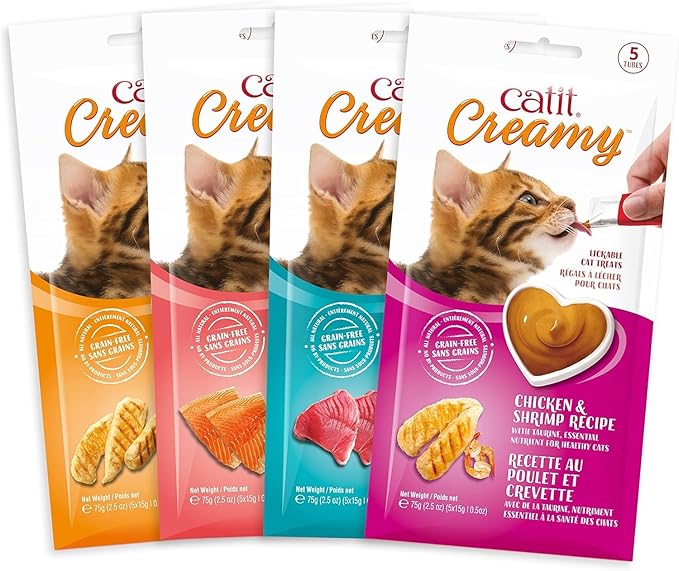 Catit Creamy Lickable Cat Treat – Healthy Variety of Flavors, 50 Pack, Hand-Feed or Serve, Nutrient-Rich Squeeze Tube, 0.5 oz Each