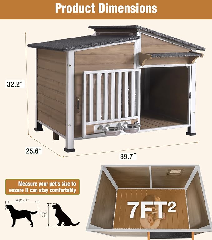 GUTINNEEN Dog House Outdoor with Anti-Chewing Metal Frame, Wooden Dog Kennel with 360Β° Rotating Feeding Bowl, Weatherproof Roof, for Indoor & Outdoor Use - Brown