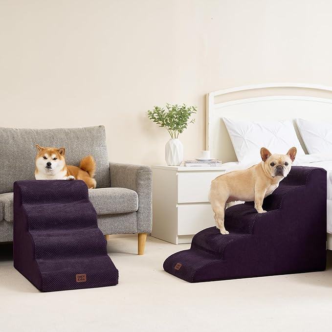 EHEYCIGA Curved Dog Stairs Ramp for High Beds 22.6" H, 5-Step Dog Steps for Small Dogs and Cats, Pet Stairs for High Bed Climbing, Non-Slip Balanced Pet Step Indoor, Purple