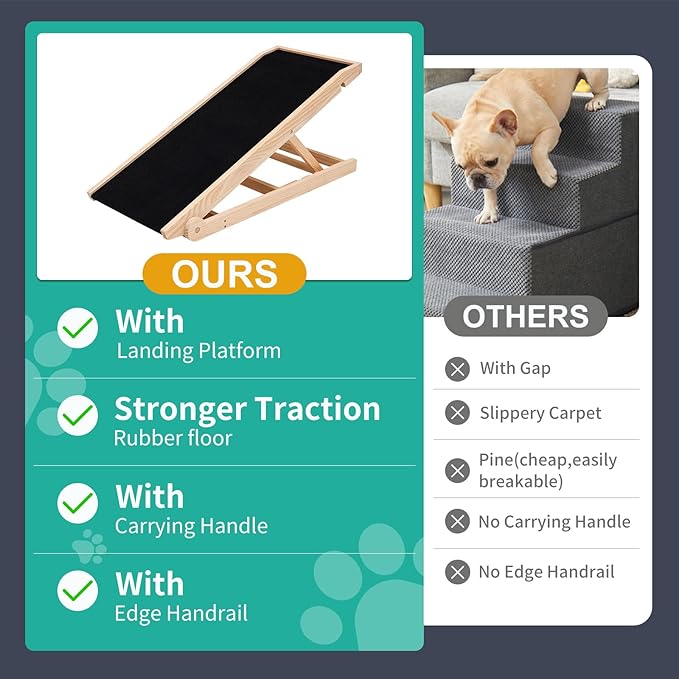 Dog Ramp, Adjustable Height Wooden Folding Pet Ramp for Bed, Couch,SUV-High Traction, Portable Paw Ramps for Small & Large Old Dogs & Cats - Furniture Quality