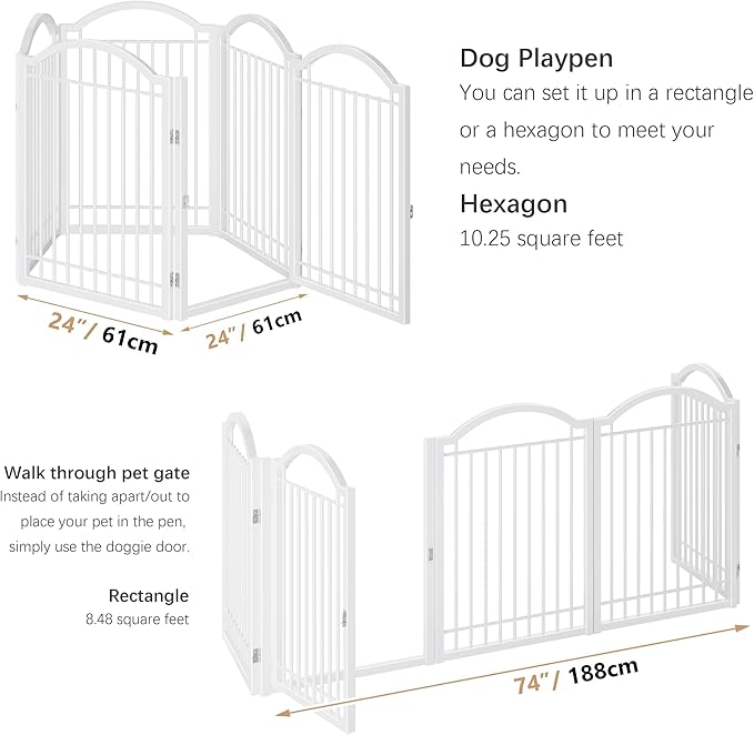 BHG Metal No-Assembly Freestanding Dog Gate with Door Walk Through, Extra Wide 120", Extra Tall 32" Pet Gate, Accordion Puppy Folding Playpen Dog Fence, with 2PCS Support (White, 5 Panels)