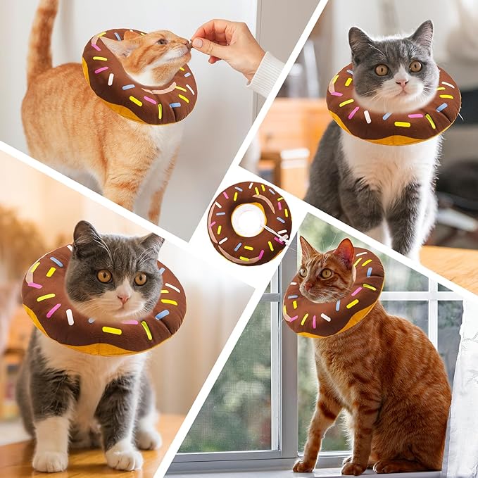 Cat Cone Collar Soft, Adjustable Cat Recovery Collars Spay Cone to Stop Licking, Cute Donut E Collar After Surgery, Wound Healing Elizabethan Collar for Kittens (Donut Brown, Small)
