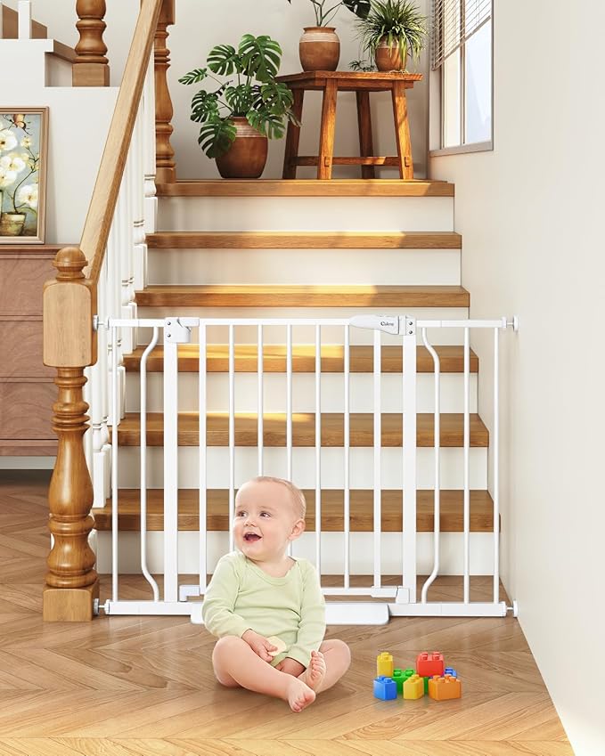 29"-40" Baby Gate for Stairs, Auto Close Stroller Friendly Dog Gate Indoor for Doorways, Pressure Mounted Baby Gate, Easy Walk Through Gate for Children & Pets, White