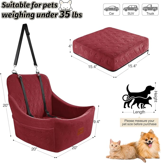 Dog Car Seat for Medium Dogs, Pet Travel Bed with Seat Belt Channel, Fully Detachable and Washable, 3 Straps Easy to Install (Red)