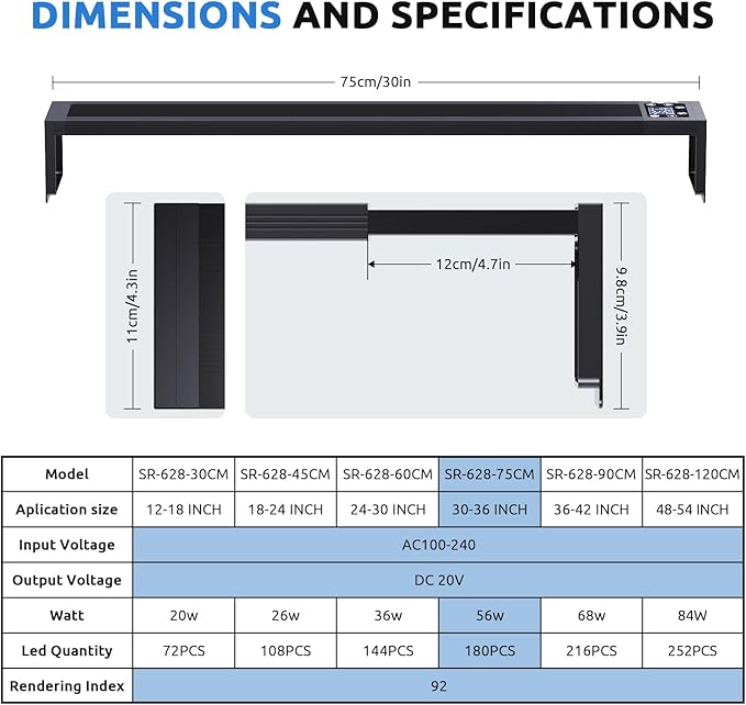 24/7 LED Aquarium Light for 30-36 Inch Fish Tank, Auto On Off with Timer, 9 Colors, Adjustable Brightness, Daylight Moonlight Mode, Full Spectrum Fish Tank Light for Plants, 56W