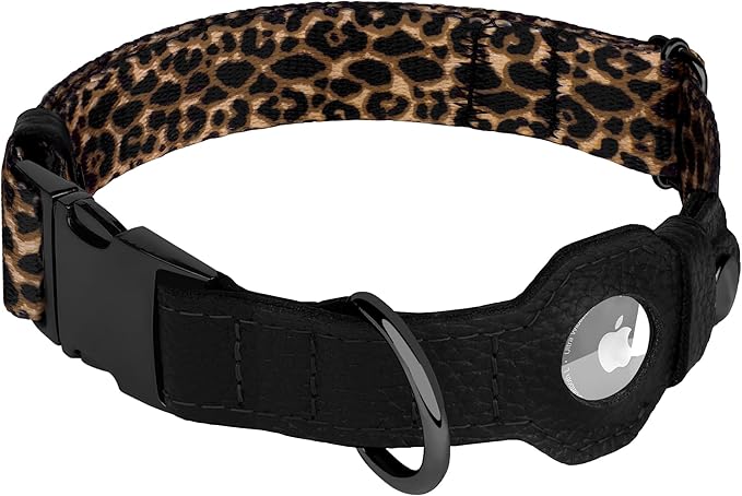 AirTag Dog Collar for Small Medium Large Breed - Adjustable Cute Pattern Dog Collar with Airtag Holder - Soft Leather Tracker GPS Apple Air Tag Pet Collars (Small, 12"-15" Neck Fit, Leopard)