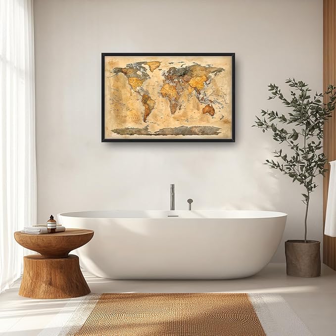 Extra Large World Map Framed Wall Art for Living Room,Oversized Vintage Map of The World Pictures Wall Decor,Canvas Print Painting Modern Artwork Bedroom Office Bathroom 36L" x 24W"