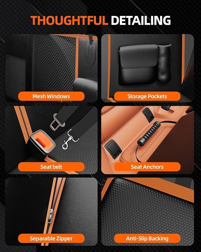 6-in-1 Leather Dog BackSeat Extender, Hard Bottom 40/60 Split Waterproof Car Back/Front Seat Cover, Rear Hammock Carseat Protector, Large Size Pet Mat for SUV/Truck/Cargo, Vehicle Bed Travel Accessory