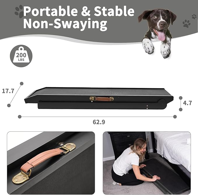 Aboron Antislip Folding Dog Ramp, Adjustable Pet Ramp for Bed/Couch/Car, Rubber Mat with High Traction, Great for Small & Large Old Dogs & Cats, Supports up to 200 lbs,63" Long