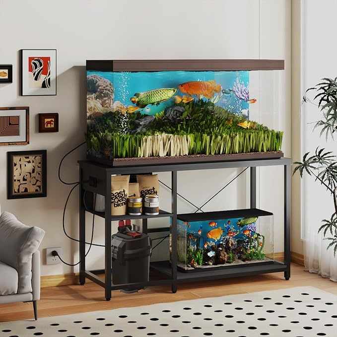 50-75 Gallon Fish Tank Stand with Power Outlet & LED Light, Metal Aquarium Stand with 3 Tier Adjustable Storage Shelves, Tank Stand for Reptile Tank, Turtle Tank, 52" L*19.5" W, Black