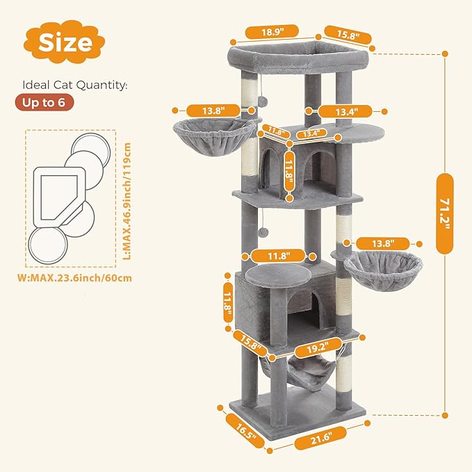 71.2" Tall Cat Tree for Indoor Cats - 9-Level Multi-Cat Tower w/5 Sisal Scratching Posts, 2 Condos, 3 Hammocks, Perch & Pom Poms - Heavy-Duty for Adult Cats, Space-Saving Plush Gray