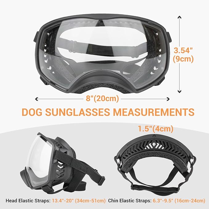 Dog Sunglasses UV Protection Clear Dog Goggles Windproof Glasses with Elastic Straps for Medium-Large Breed, Black Frame + Clear Lens