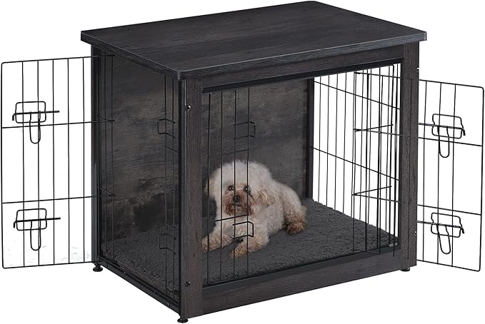 DWANTON Dog Crate Furniture with Cushion, Wooden Kennel Table with Double Doors, Indoor Dog House, Small/Medium/Large/Extra Large Size, 27.2" L, Dark Gray