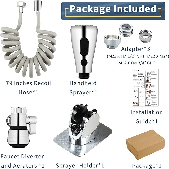 CECEFIN Kitchen Sink Sprayer Hose Attachment for Faucet, Kitchen Faucet Head Replacement w/ 79" Recoil Hose and Holder, Pressurized Water Saving Aerator & Diverter Valve, Faucet Sprayer Attachment Set