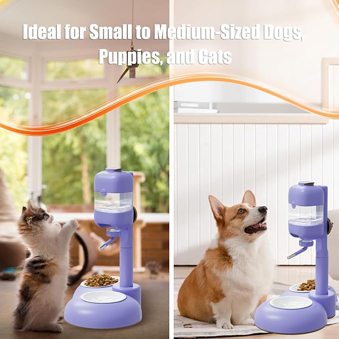 Dog Bowls with Puppy Weaning Bottles,3 in 1 Dog Bowl Set with Water Dispenser and 2 Food Grade Ceramic Bowls for Cats,Bunnies,Ferrets and Small Sized Dogs(Purple)