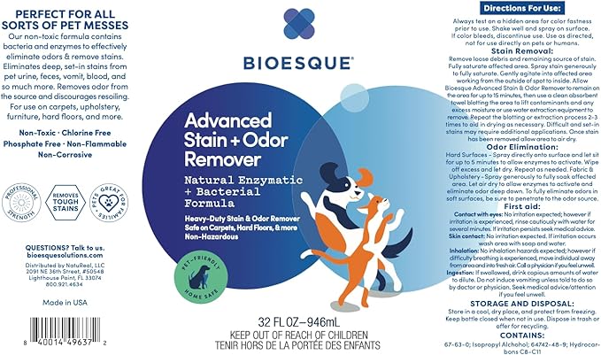 Bioesque Advanced Stain + Odor Remover, Pet-Friendly Natural Enzymatic & Bacterial Formula, Heavy-Duty Stain & Odor Remover, Safe on Carpets, Hard Floors, & More, 32 Fl Oz (Pack of 6)