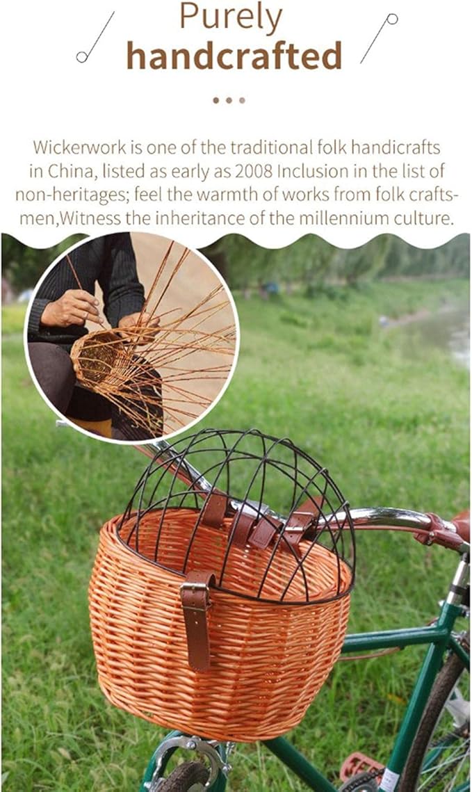Bike Pet Basket, Wicker Bike Basket for Small Dogs Cats Pet Carrier Front Basket with Wire Mesh Cover and Lid, Wicker Basket for Dogs and Cats, Rattan Storage Basket, 11.81 * 9.84 inch (A)
