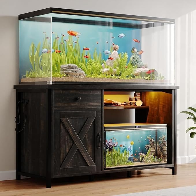 4ever2buy 55 Gallon Fish Tank Stand with LED Light & Power Outlets, 55-75 Gallon Aquarium Stand with Drawer & Barn Door, Cabinet for Fish Tank Accessories Storage for Reptile Tank, Turtle Tank, Oak