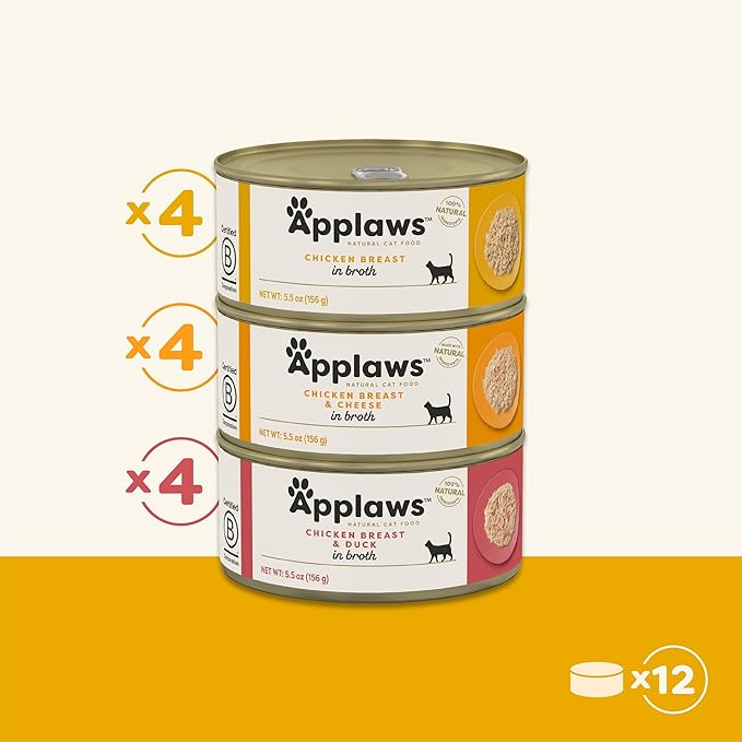 Applaws Natural Wet Cat Food in Broth, Made with Limited and Natural Ingredients, Chicken Selection Variety Pack in Broth (12 x 5.5oz Cans)