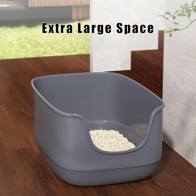 Gefryco Large Cat Litter Box with High Sided 24.6"x18.3"x12.2" - Jumbo Extra Large Open Anti - Splashing High Wall for Multiple Cats (Grey)