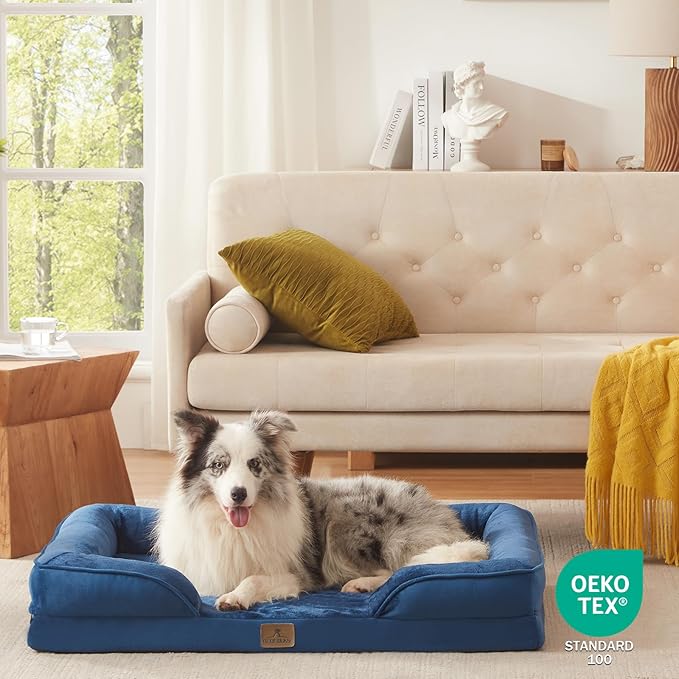 Bedfolks Orthopedic Dog Bed, Big Waterproof Dog Sofa Bed for Large Dogs, Egg Foam Pet Couch Bed with Removable Washable Cover and Nonslip Bottom, Navy Blue