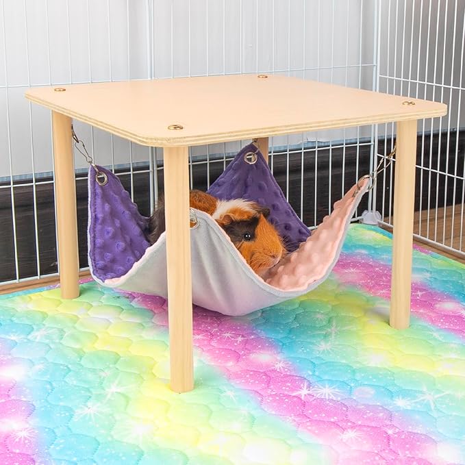 Enlarged Guinea Pig Hammock with Wooden Stand,Small Animal Hanging Bed Large Platform for Guinea Pigs Bunny Ferret Hamster Hiding Sleeping 13L x 13W x 11H in