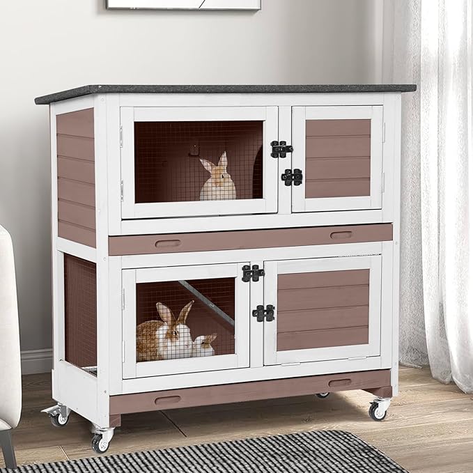 2-Story Rabbit Hutch Indoor Bunny Cage Wooden Guinea Pig House with Chew-Proof Ramp, Leakproof Slide-Out Trays, Lockable Caster Wheels for 1-3 Rabbits (Brown)
