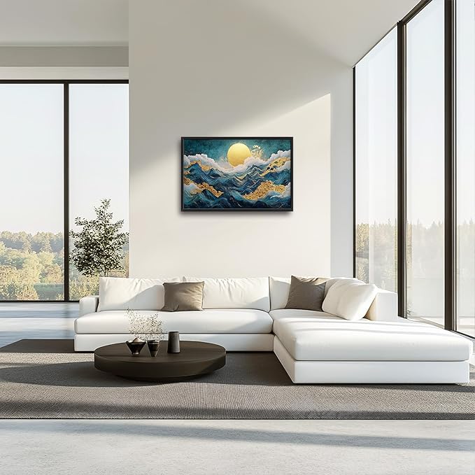 Framed Large Sun Mountain Wall Art, Oversized Teal and Golden Sun Wall Decor for Living Room, Abstract Landscape Canvas Painting Modern Artwork Home Decoration for Living Room Bedroom 36"x24"