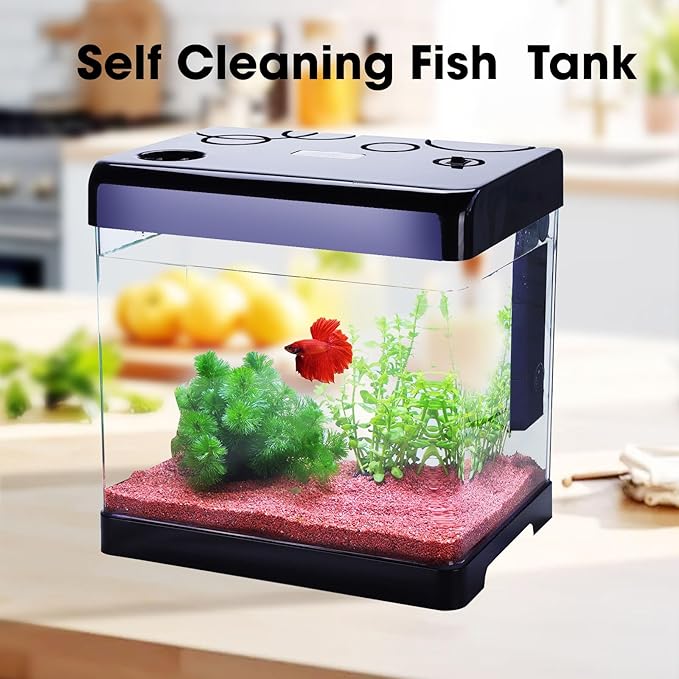 Betta Fish Tank Starter Kits, 5 Gallon Fish Tank with Heater Filter and Light, Self-Cleaning Small Fish Tank(Black).