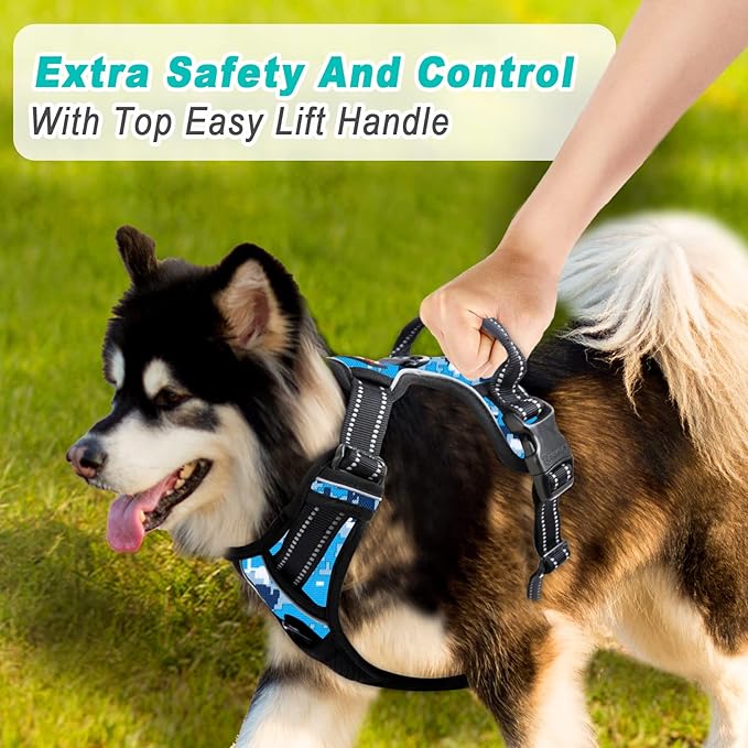 BARKBAY No Pull Dog Harness Large Step in Reflective Dog Harness with Front Clip and Easy Control Handle for Walking Training Running(Blue camo,S)