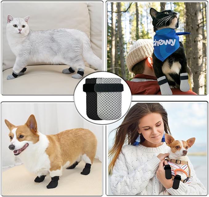 4 PCS Cat Mittens to Prevent Scratching,Mesh Breathable Cat Shoes,Adjustable Cats Anti Scratch Gloves,Suitable for Cats When Bathing and Nail Trimming(XL,Grey)